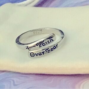 Genuine Sterling Silver Religious "Faith Over Fear" Engraved Adjustable Ring